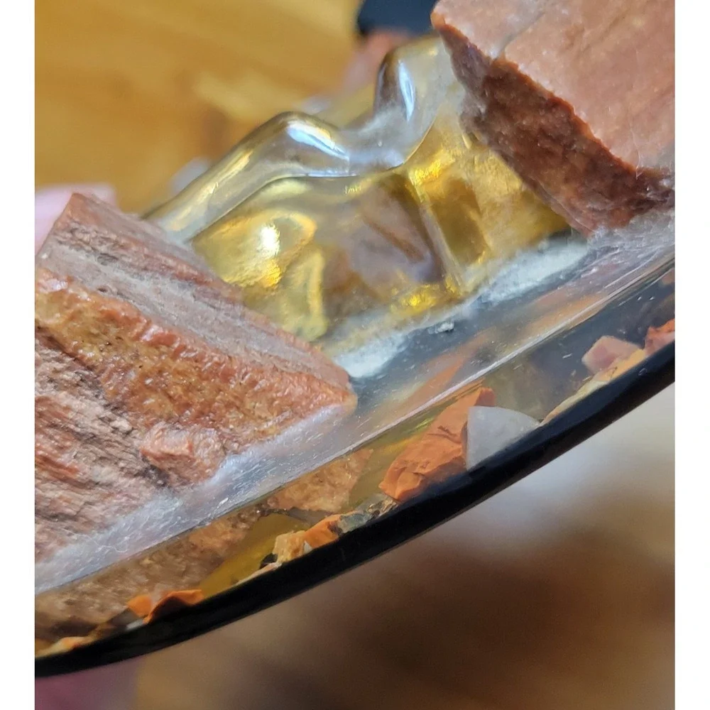 Vtg Owl Lucite & Petrified Wood w/ Amber Color Glass Ashtray Insert On Tray🦉